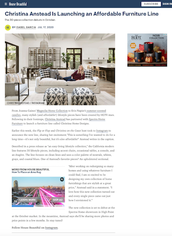 Christina Ansteht Is Launching an Affordable Furniture Line, HouseBeautiful.com, July 17, 2020